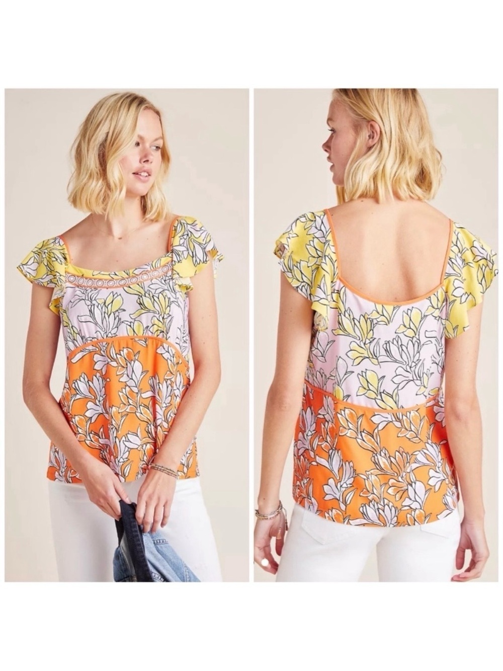 Farm Rio Ruffle Sleeves Floral Colorful Spring Lace Wide Strap tank blouse